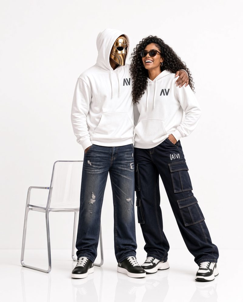 Two models in the White Wink Back Hoodie, both showing the small NV logo on the left chest