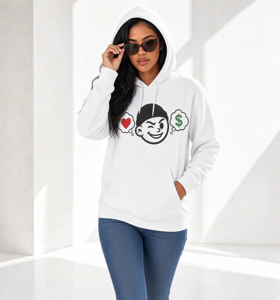A woman in sunglasses wearing the white Wink Hoodie with the hood up in a bright studio