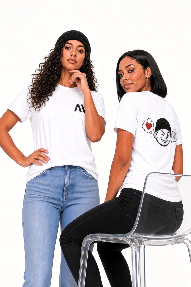 Two models in the White Wink Back Tee, one showing the small NV logo on the front and the other the big Wink graphic on the back