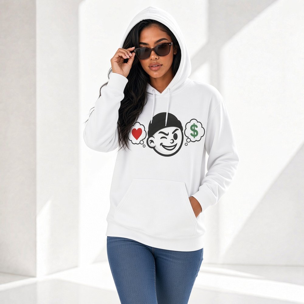 Model in sunglasses wearing the white Nexus Vision Wink Hoodie with the hood up