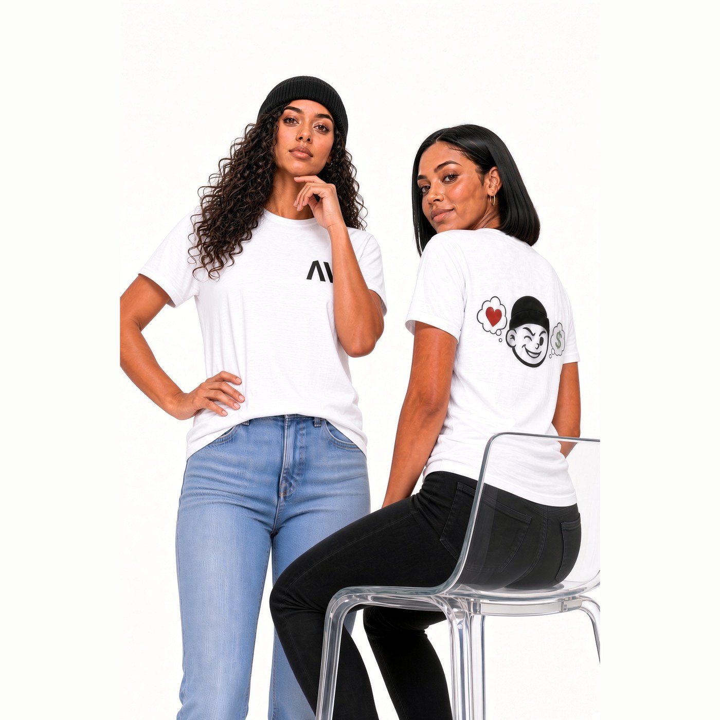 Two models in the White Wink Back Tee: one shows the small NV logo on the front, the other shows the big Wink graphic on the back